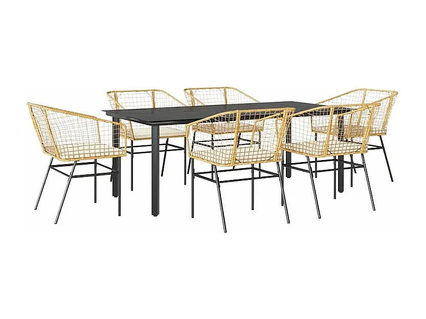 Ensemble à manger jardin coussins 7pcs marron poly rotin verre