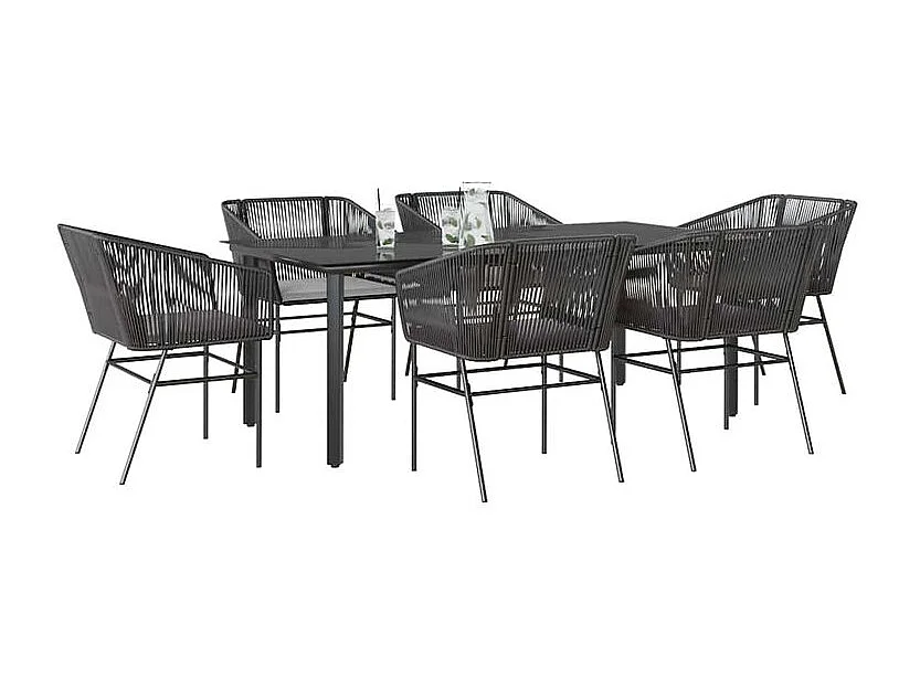 Ensemble à manger de jardin coussins 7pcs noir poly rotin verre