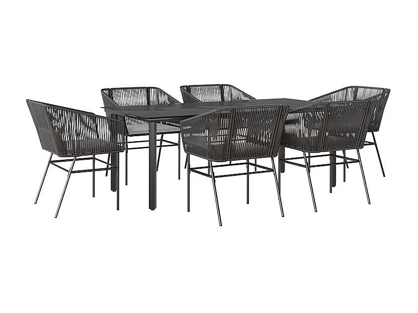 Ensemble à manger de jardin coussins 7pcs noir poly rotin verre