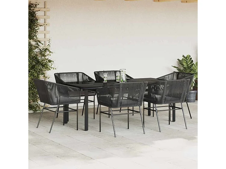 Ensemble à manger de jardin coussins 7pcs noir poly rotin verre