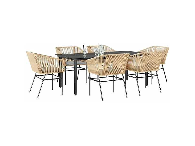 Ensemble à manger jardin coussins 7pcs marron poly rotin verre