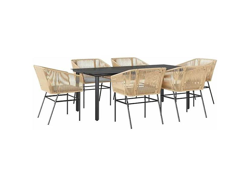 Ensemble à manger jardin coussins 7pcs marron poly rotin verre