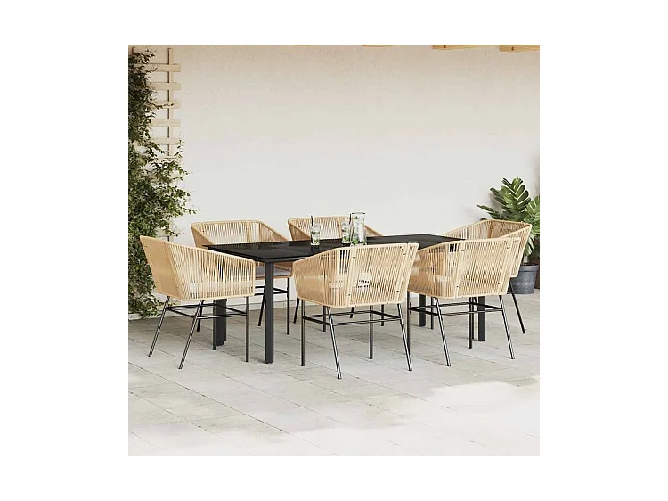 Ensemble à manger jardin coussins 7pcs marron poly rotin verre