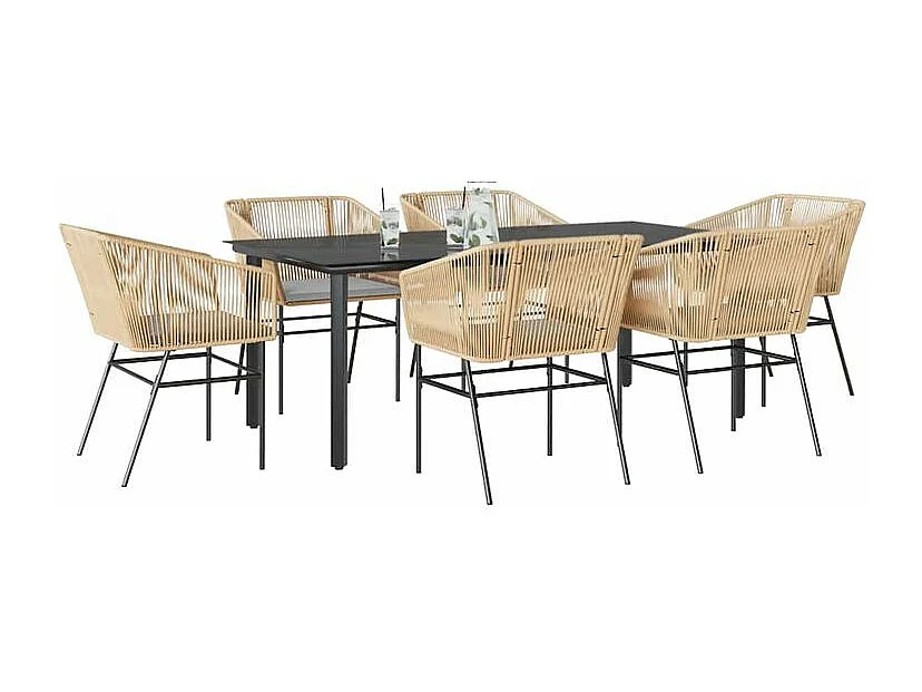 Ensemble à manger jardin coussins 7pcs marron poly rotin verre