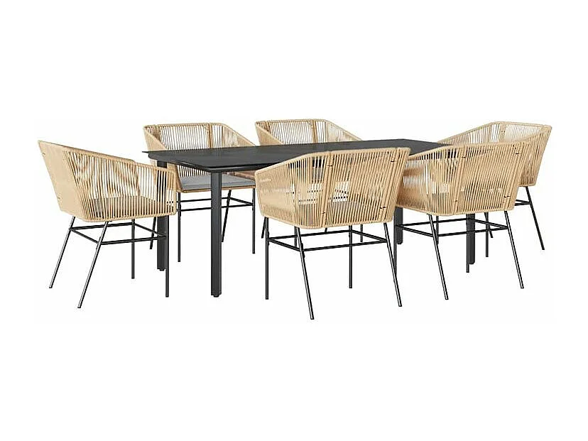 Ensemble à manger jardin coussins 7pcs marron poly rotin verre