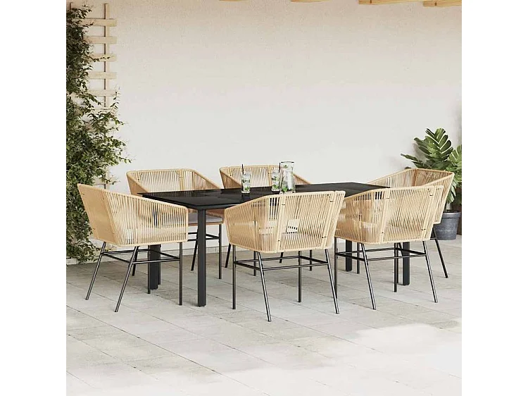 Ensemble à manger jardin coussins 7pcs marron poly rotin verre