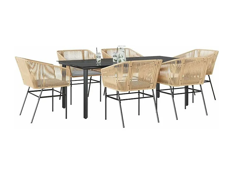 Ensemble à manger jardin coussins 7pcs marron poly rotin verre