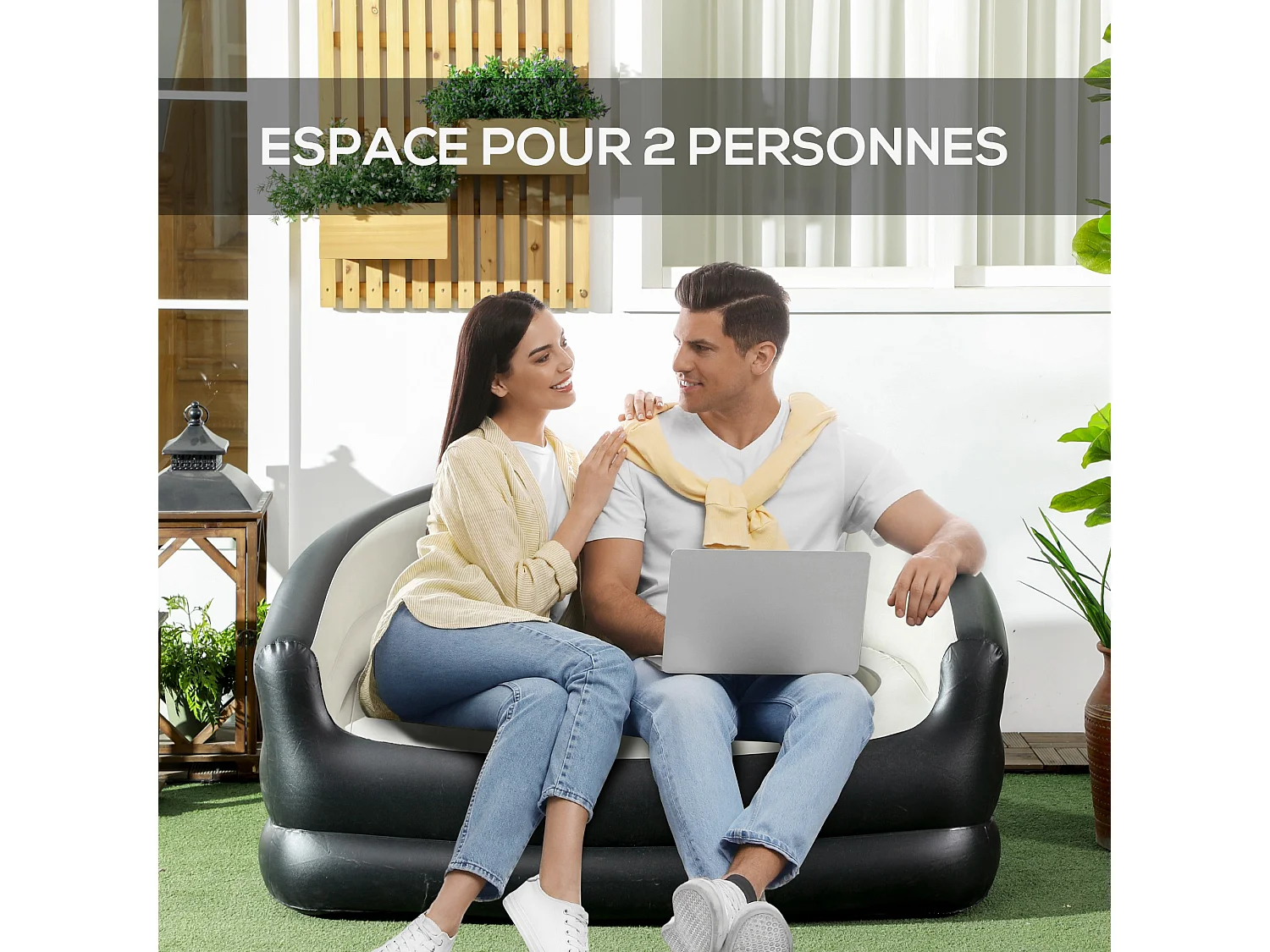 Canapé gonflable pour l'extérieur 2 places canapé d'air dim. 138L x 87l x 71H cm gris noir