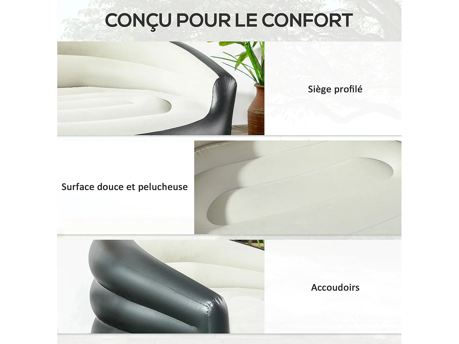 Canapé gonflable pour l'extérieur 2 places canapé d'air dim. 138L x 87l x 71H cm gris noir