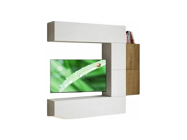 Meuble TV modulable suspendu blanc et naturel Kina L 214cm - 6 pièces