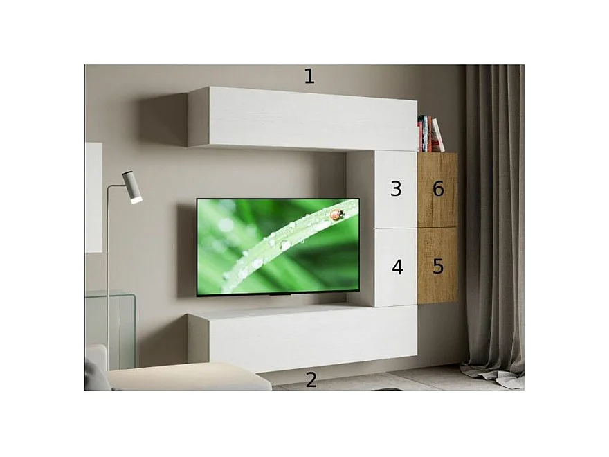 Meuble TV modulable suspendu blanc et naturel Kina L 214cm - 6 pièces