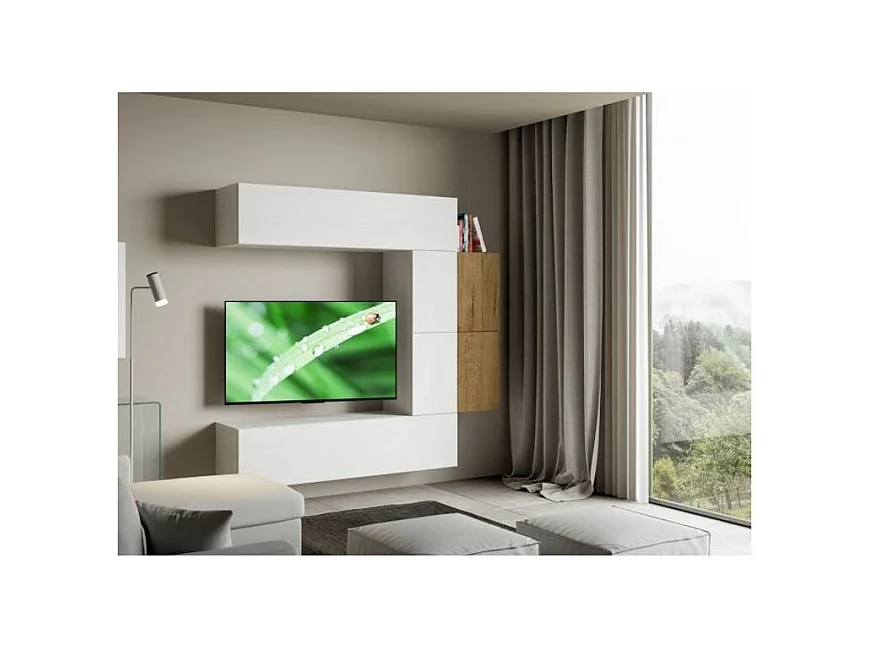 Meuble TV modulable suspendu blanc et naturel Kina L 214cm - 6 pièces