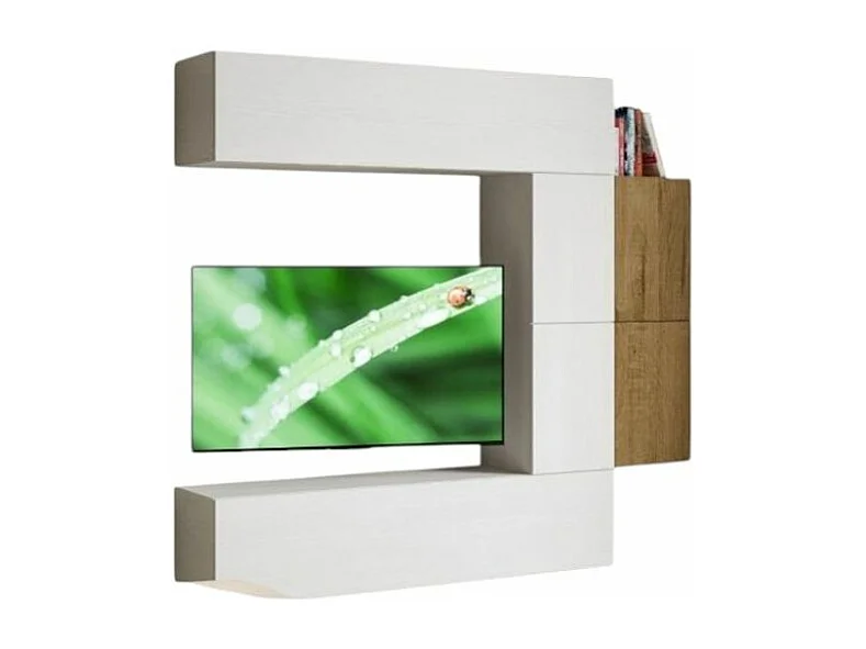 Meuble TV modulable suspendu blanc et naturel Kina L 214cm - 6 pièces