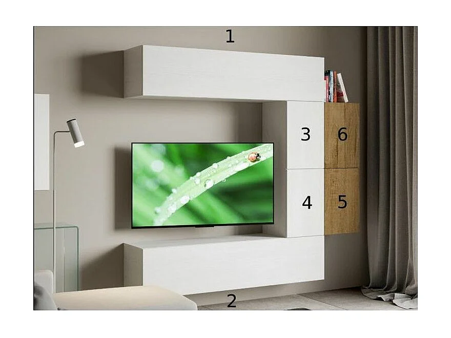 Meuble TV modulable suspendu blanc et naturel Kina L 214cm - 6 pièces
