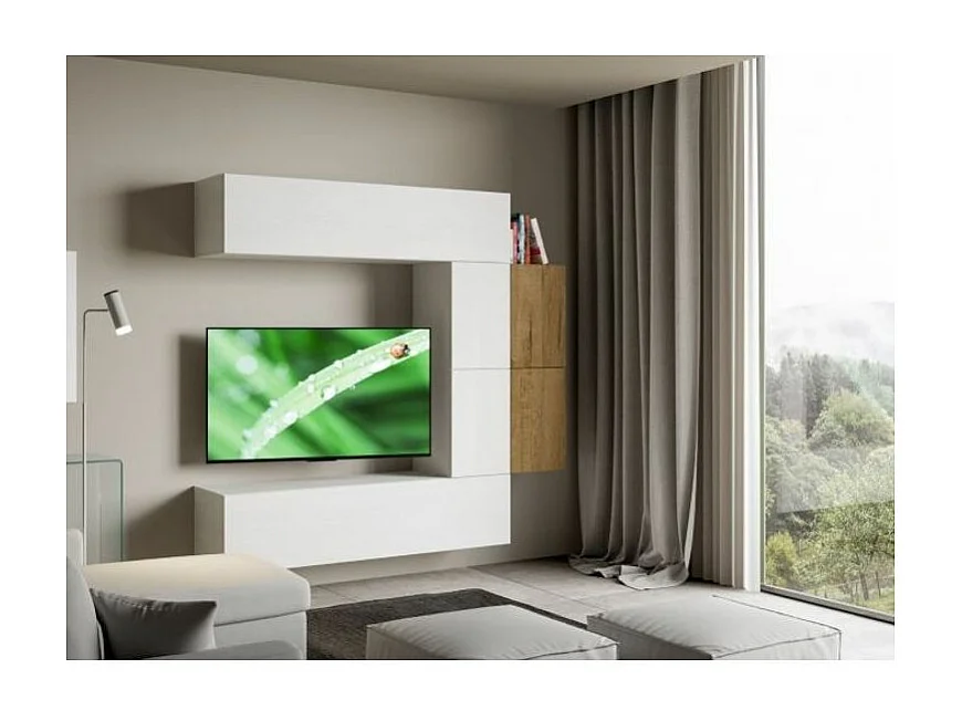 Meuble TV modulable suspendu blanc et naturel Kina L 214cm - 6 pièces