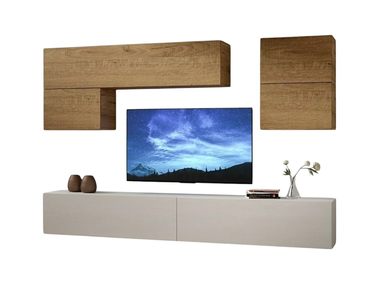 Mur TV modulable suspendu design blanc et naturel Lina L 268cm - 6 pièces