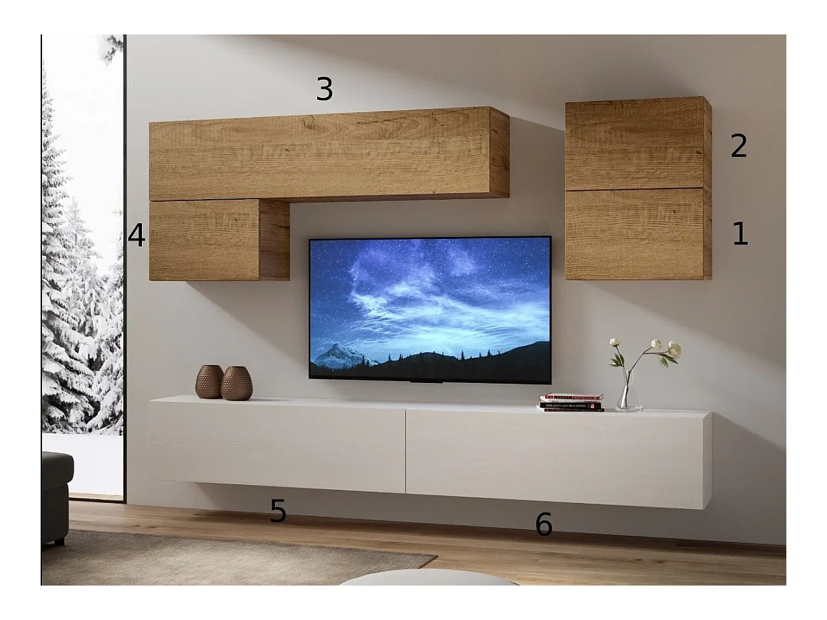 Mur TV modulable suspendu design blanc et naturel Lina L 268cm - 6 pièces