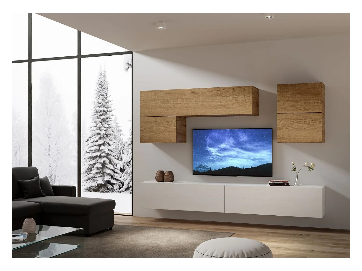 Mur TV modulable suspendu design blanc et naturel Lina L 268cm - 6 pièces