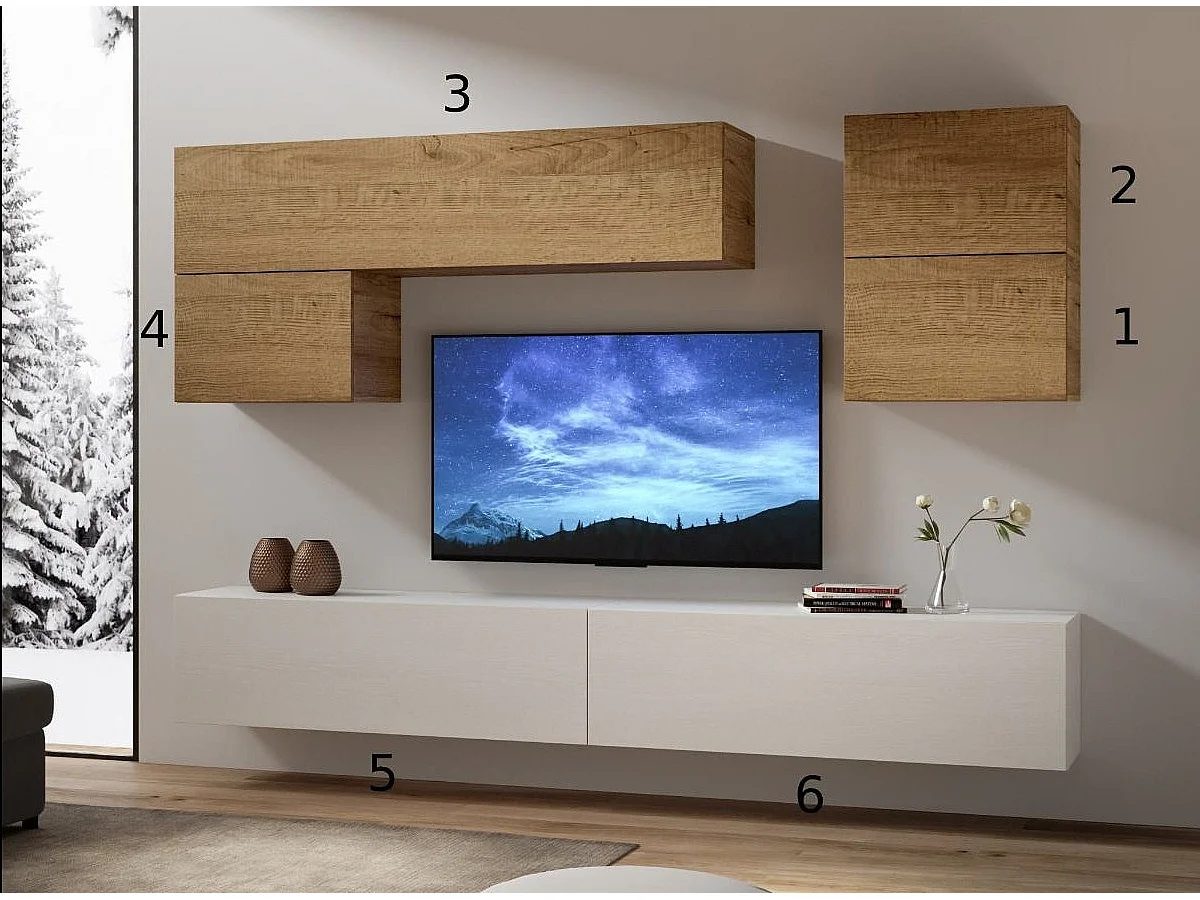 Modulaire TV-wandophanging design wit en naturel Lina L 268 cm - 6 stuks