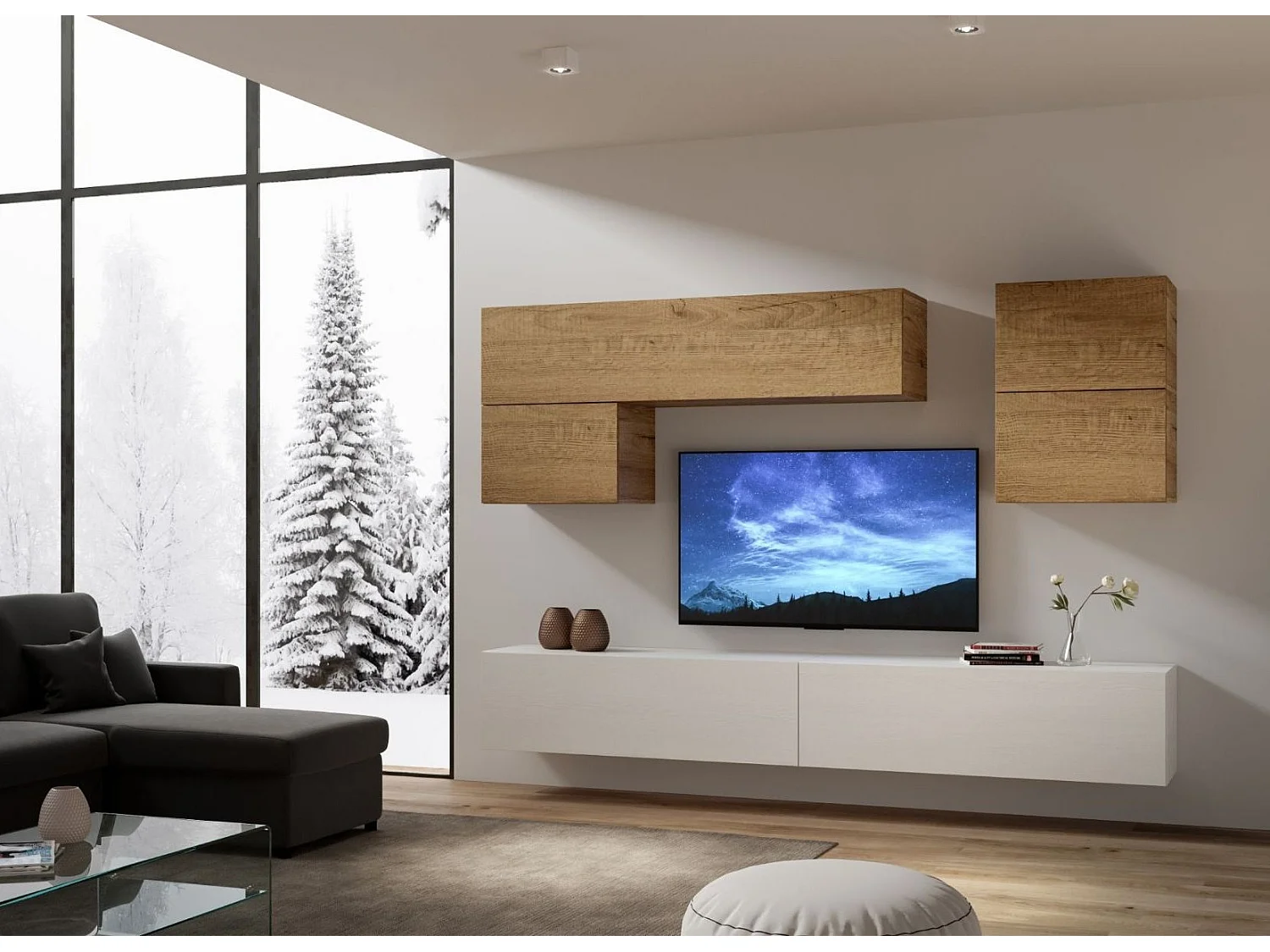 Modulaire TV-wandophanging design wit en naturel Lina L 268 cm - 6 stuks