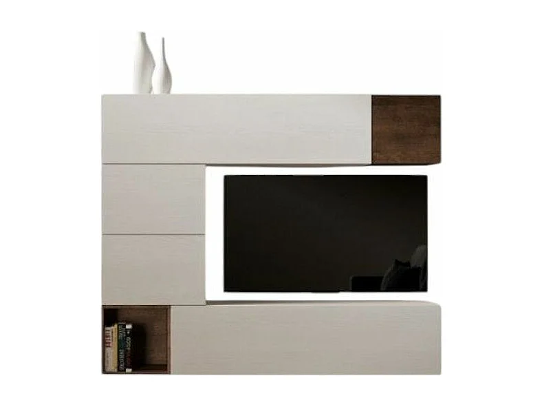 Mur TV design blanc et noyer Rina L 294cm - 10 pièces
