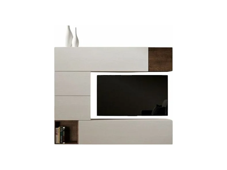 Mur TV design blanc et noyer Rina L 294cm - 10 pièces