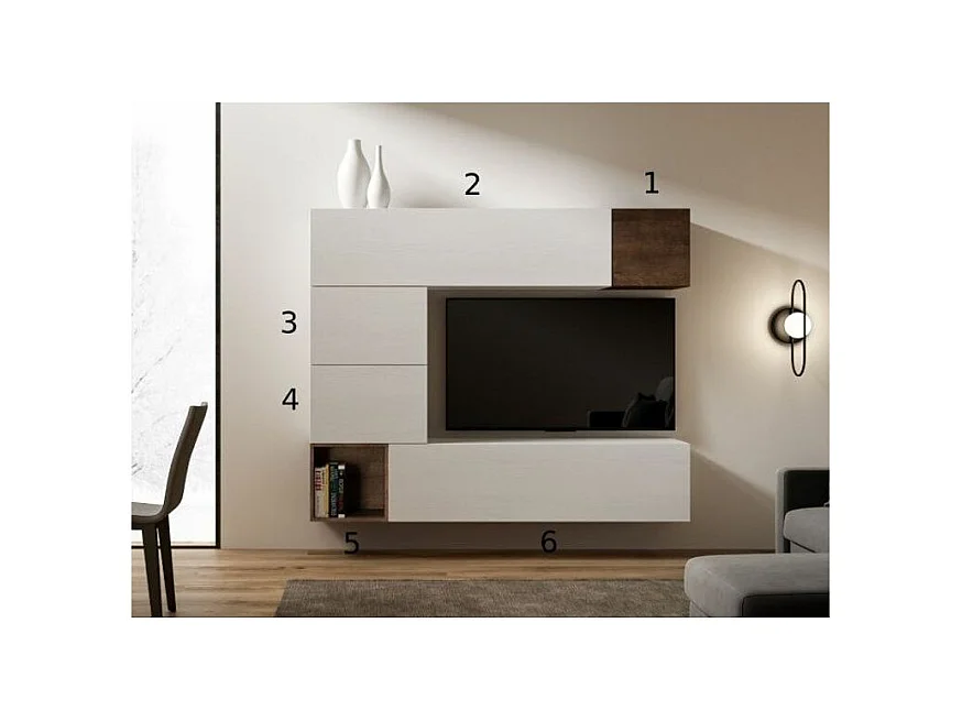 Mur TV design blanc et noyer Rina L 294cm - 10 pièces