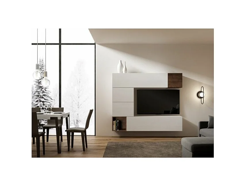 Mur TV design blanc et noyer Rina L 294cm - 10 pièces