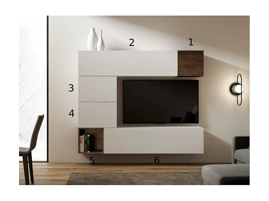 Wit en notenhouten design tv-wand Rina L 294 cm - 10 stuks