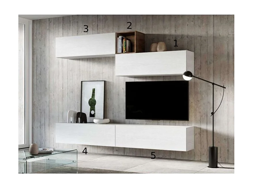 Meuble TV mural blanc koza L 268cm - 5 pièces