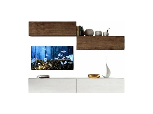 Meuble TV mural blanc et noyer koza L 268cm - 4 pièces