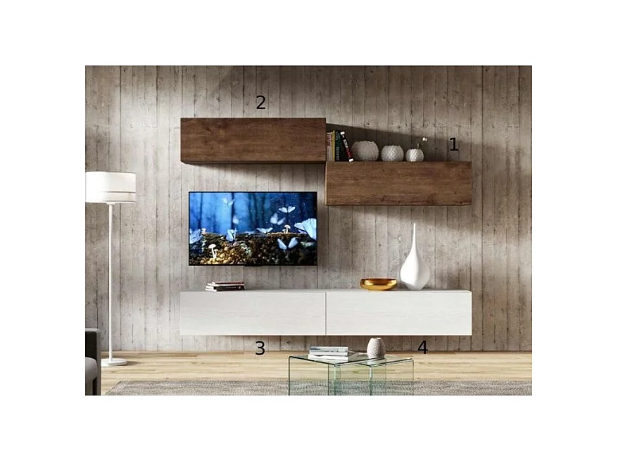 Meuble TV mural blanc et noyer koza L 268cm - 4 pièces
