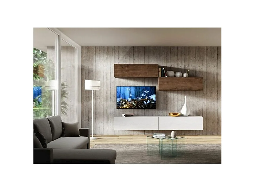 Meuble TV mural blanc et noyer koza L 268cm - 4 pièces