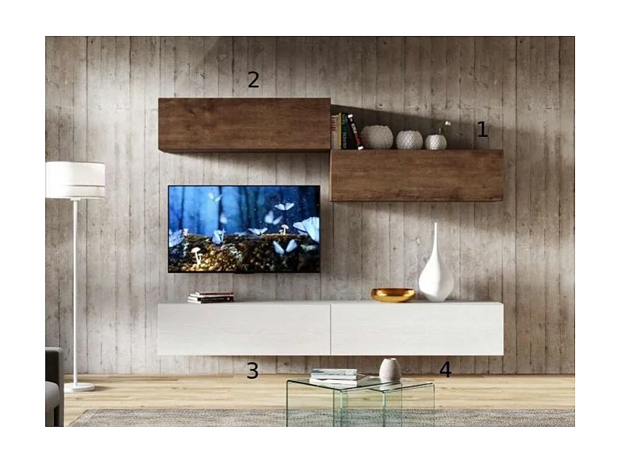 Meuble TV mural blanc et noyer koza L 268cm - 4 pièces