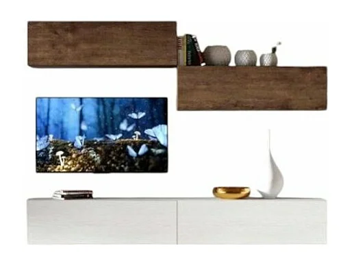 Meuble TV mural blanc et noyer koza L 268cm - 4 pièces