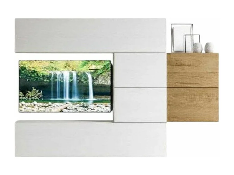 Mur TV modulable suspendu design blanc et naturel Lina L 234cm - 6 pièces