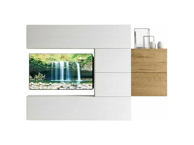 Mur TV modulable suspendu design blanc et naturel Lina L 234cm - 6 pièces