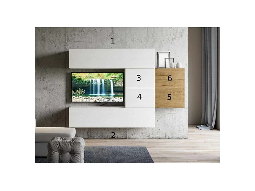 Mur TV modulable suspendu design blanc et naturel Lina L 234cm - 6 pièces