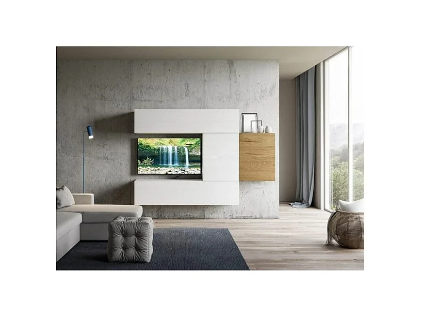 Mur TV modulable suspendu design blanc et naturel Lina L 234cm - 6 pièces