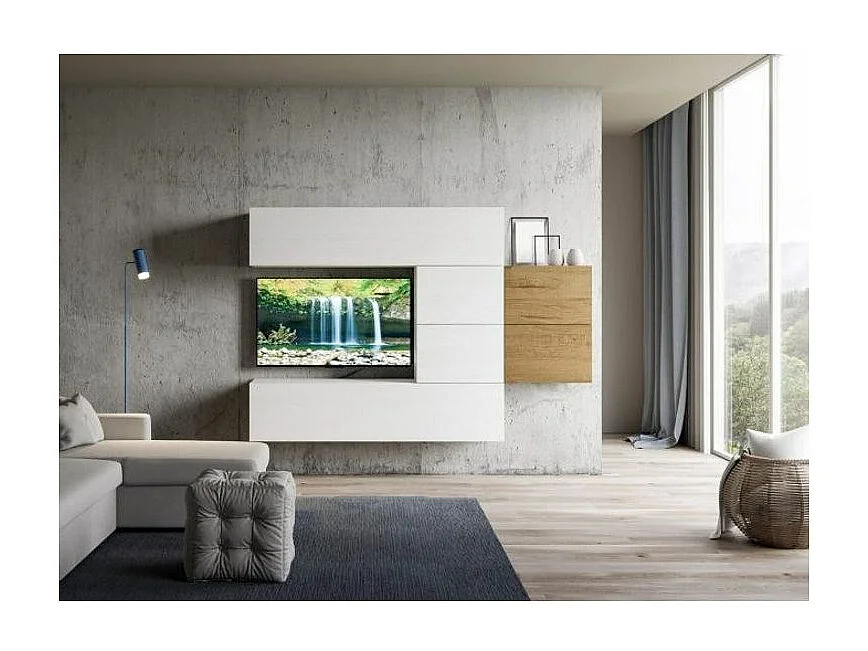 Mur TV modulable suspendu design blanc et naturel Lina L 234cm - 6 pièces