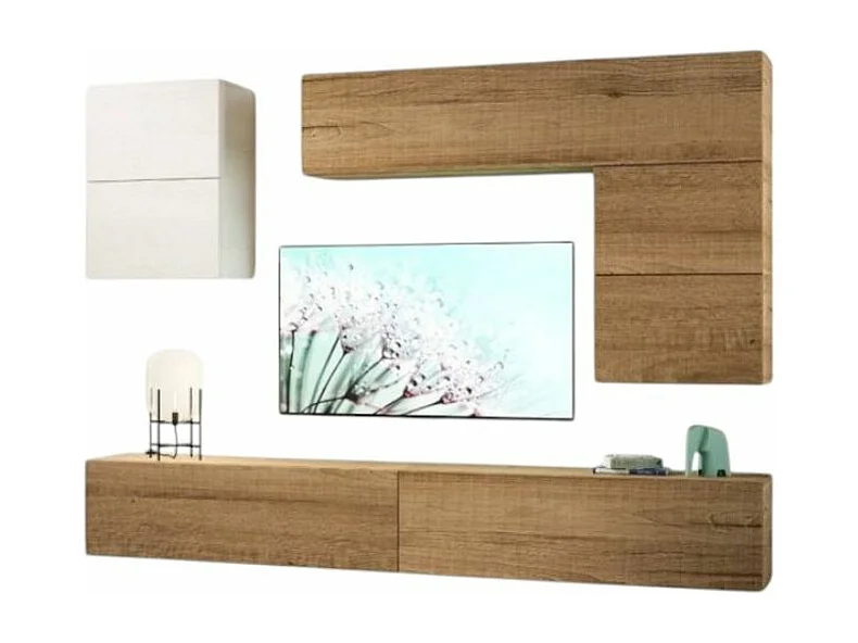 Mur TV modulable suspendu bois naturel Bela L 268cm - 7 pièces