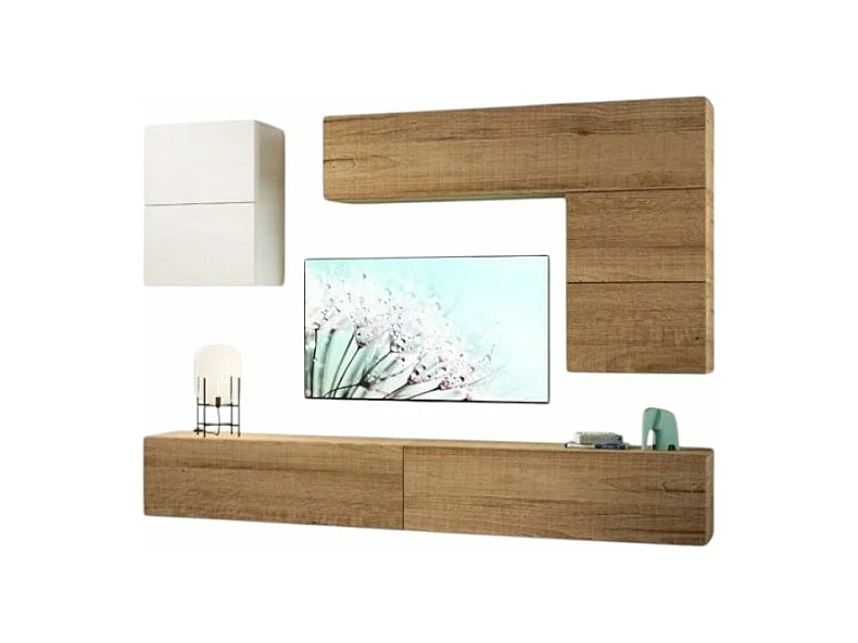 Mur TV modulable suspendu bois naturel Bela L 268cm - 7 pièces