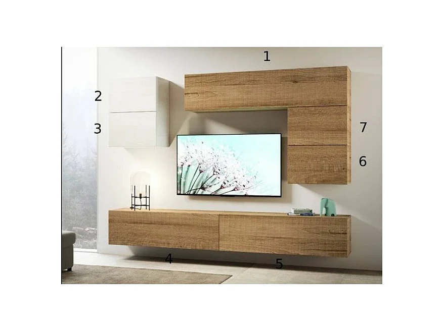 Mur TV modulable suspendu bois naturel Bela L 268cm - 7 pièces