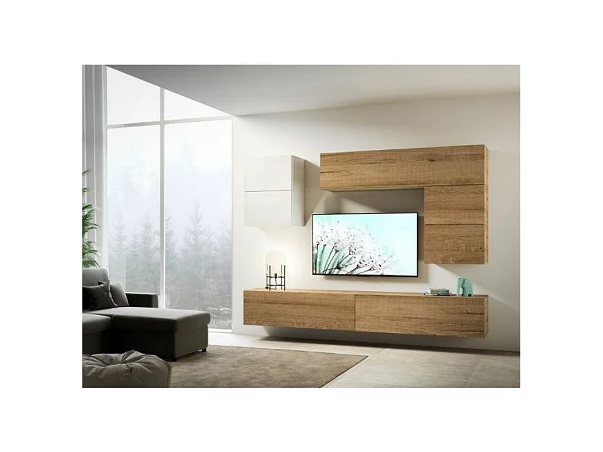 Mur TV modulable suspendu bois naturel Bela L 268cm - 7 pièces
