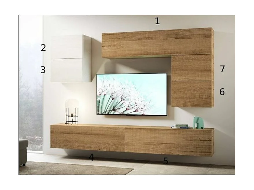 Modulaire TV-wandophanging natuurlijk hout Bela L 268 cm - 7 stuks