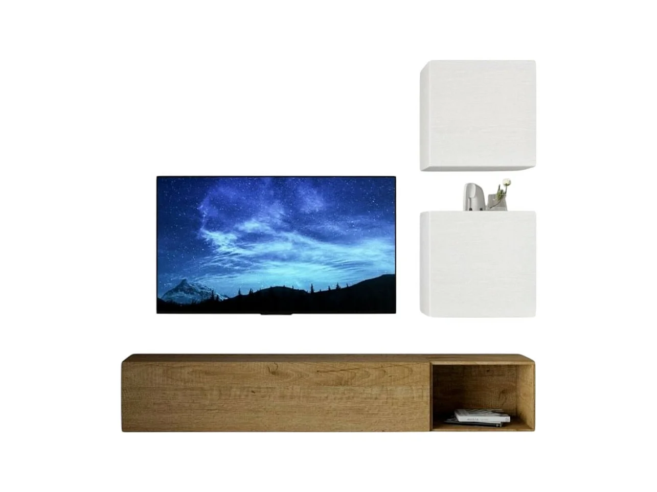 Meuble TV mural blanc et chêne naturel Isika L 234cm - 4 pièces