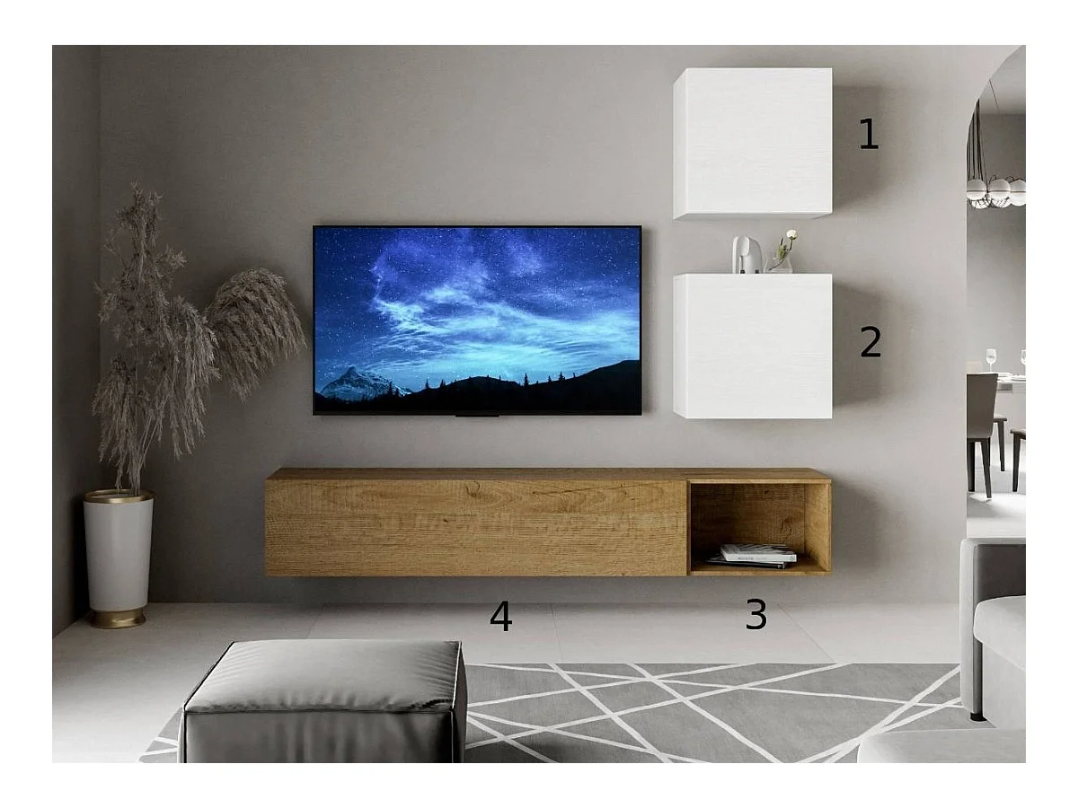 Meuble TV mural blanc et chêne naturel Isika L 234cm - 4 pièces