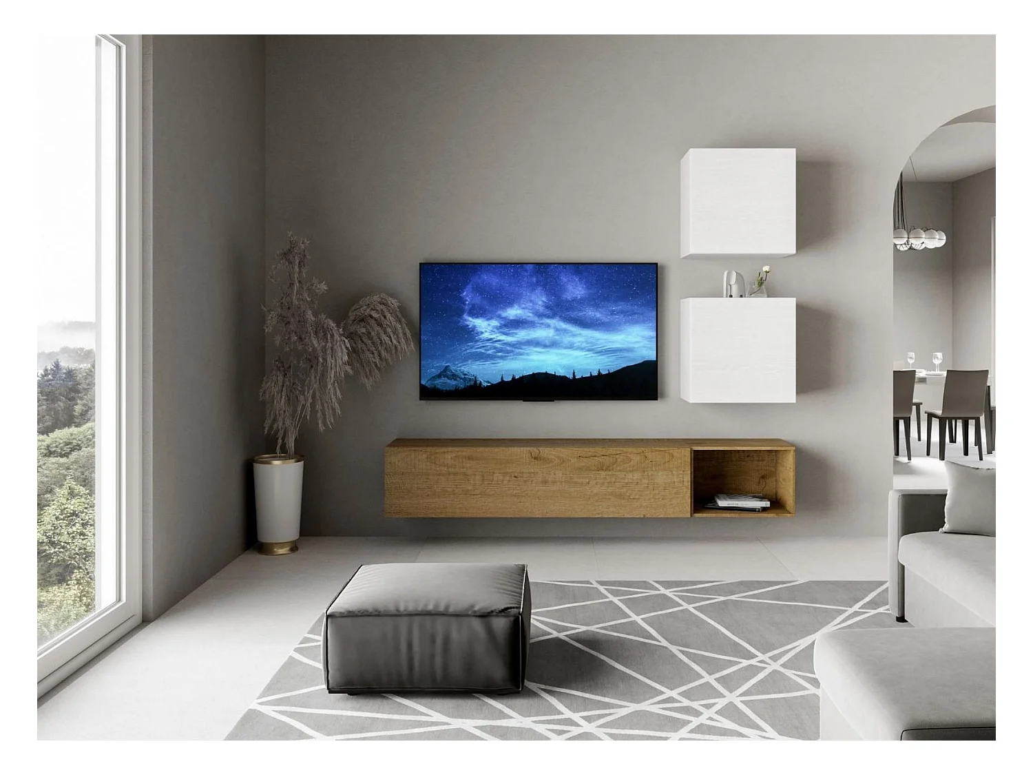 Meuble TV mural blanc et chêne naturel Isika L 234cm - 4 pièces