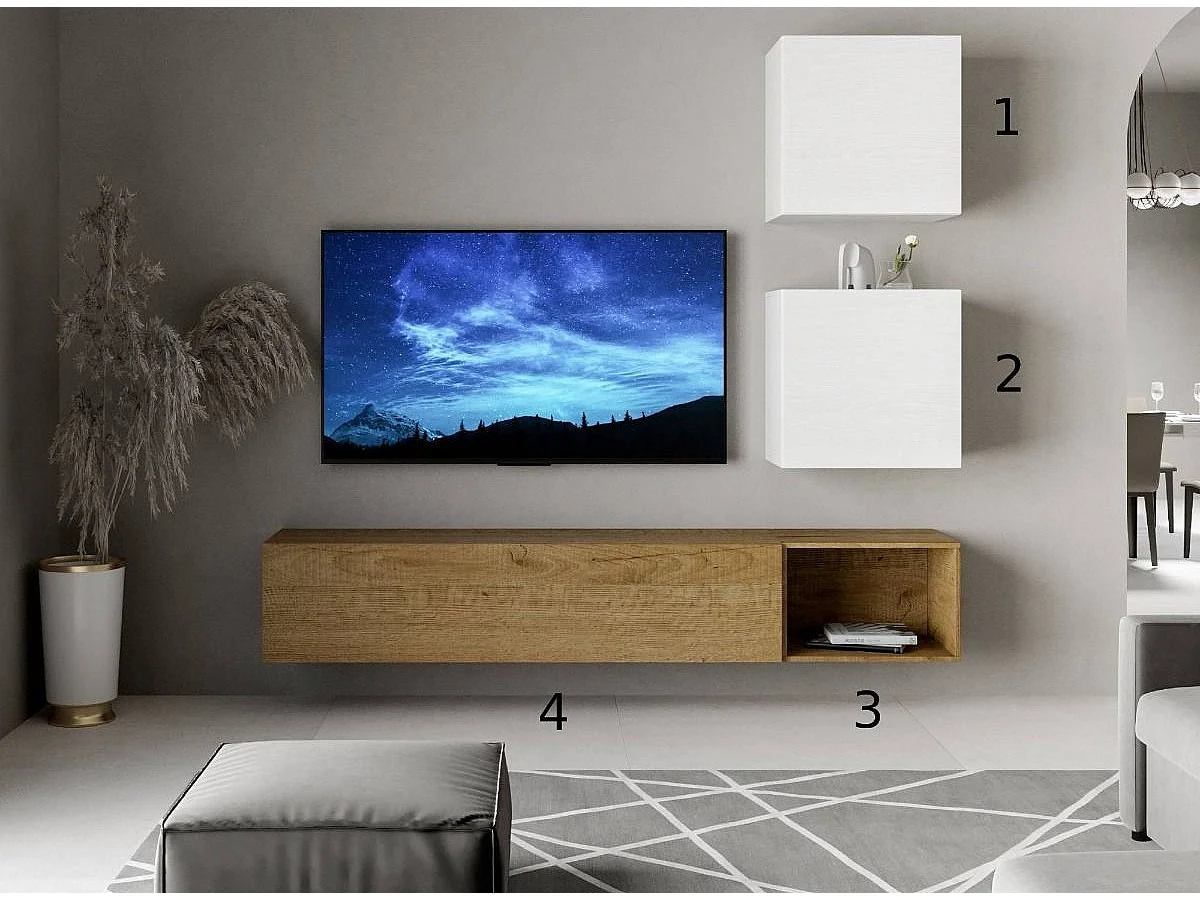 Meuble TV mural blanc et chêne naturel Isika L 234cm - 4 pièces