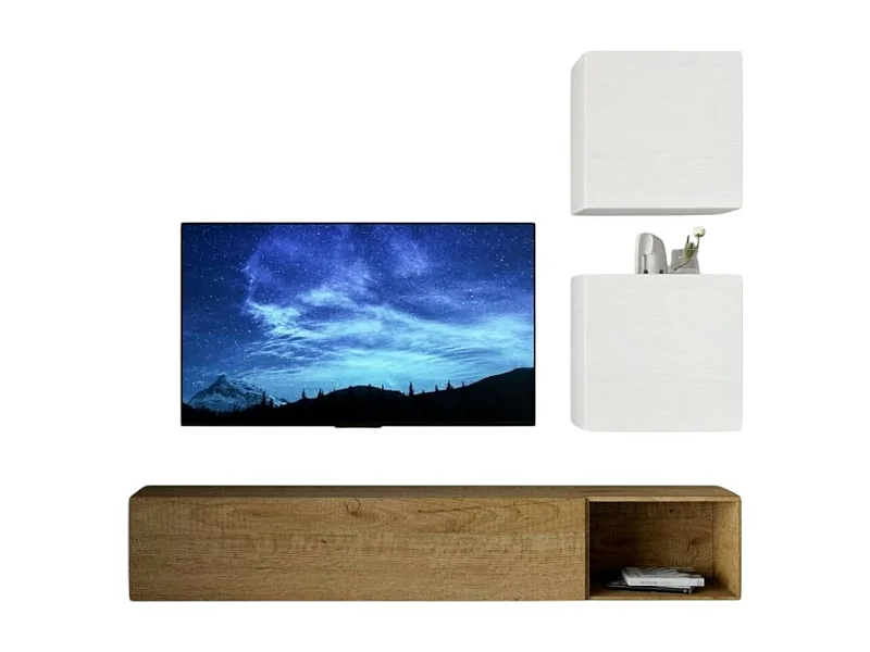 Isika wandgemonteerd tv-meubel in wit en naturel eiken L 234 cm - 4 stuks